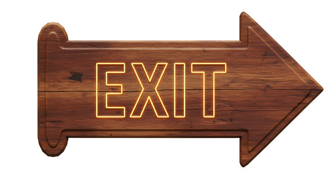 Rustic wood exit sign with glowing neon lettering points the way to safety