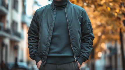 Stylish man in casual bomber jacket poses confidently in an urban street surrounded by autumn foliage