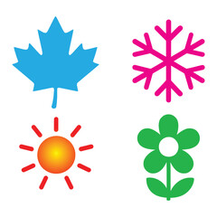 A colorful set of vector icons featuring four-leaf and flower designs in bright shades of orange, yellow, blue, and more, perfect for summer-themed projects, stickers, and labels