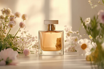 perfume bottle mockup on light background with different flowers for cosmetic branding