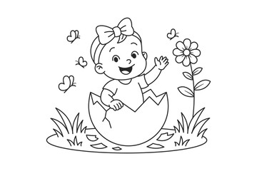 Cute Baby Girl Hatching from Eggshell – Coloring Page Vector