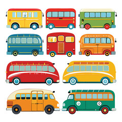 Nine  classic Bus arranged on a white background.