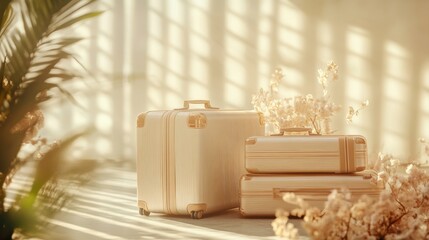 Elegant and Modern Luggage Set on a Sunlit Background with Soft Shadows and Decorative Flowers