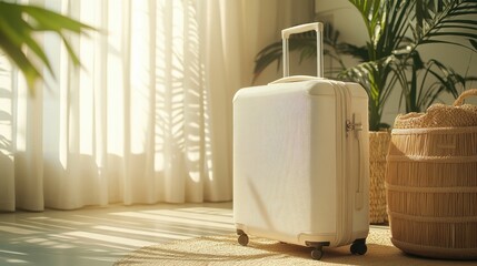 Bright and Serene Travel Scene with White Suitcase in Sunlit Room Surrounded by Tropical Plants and Textiles