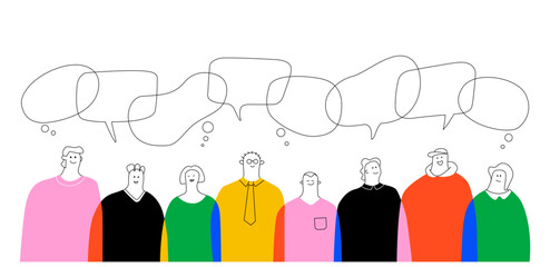 A bright horizontal illustration with a crowd of different stylized people and a series of linear intersecting speech bubbles above them. The concept of society and communication.