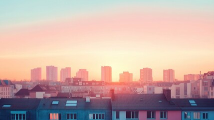 Stunning Urban Skyline at Sunrise with Vibrant Colors and Soft Light Over Towering Buildings and Rooftops
