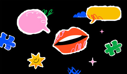 A vivid illustration with various colorful graphic elements scattered over a black background, including lips, speech bubbles, stars, and puzzle pieces.