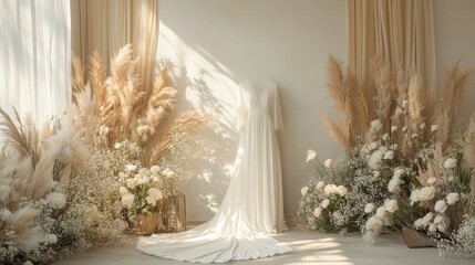 Elegant bridal gown surrounded by soft floral arrangements and warm sunlight in a minimalist studio setting