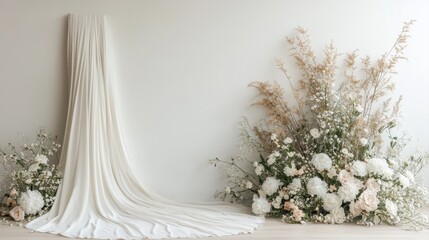Elegant White Fabric with Floral Decoration for Wedding, Event or Photoshoot Background Inspiration