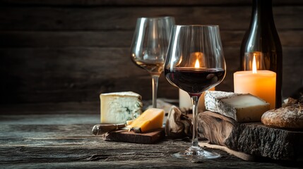Elegant wine and cheese pairing on rustic table.