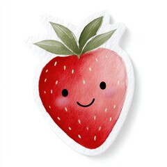 Obraz premium Adorable Cute Strawberry Sticker Design with Happy Face and Green Leaves