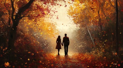 Fototapeta premium Serene Autumn Stroll: Couple walking romantically on colorful fallen leaves in the park