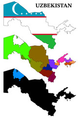 Political and flag-themed vector map of Uzbekistan with silhouette version below