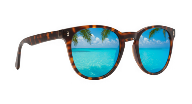 Beach view reflected in tortoise shell sunglasses