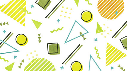 メンフィス風の図形や模様が並ぶレトロな平面構成 - イエロー/透過背景