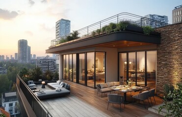 Obraz premium Urban penthouse terrace at sunset. Spacious rooftop deck with modern furniture, panoramic city views, and large glass doors leading to interior living space