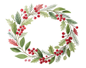 chrismas round wreath ring in watercolor style isolated on white background, PNG