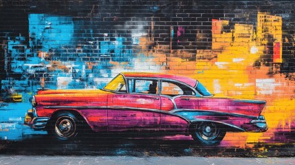 Brightly Colored Vintage Car Mural on Urban Wall with Vibrant City Background in Graffiti Style Art