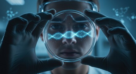 Scientist holds petri dish with DNA helix. Genetic research, medicine, and pharmaceutical innovation. Biotechnology laboratory with molecular biology studies.