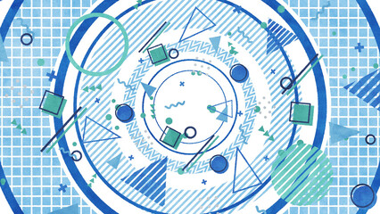 Obraz premium 大きな円の上にメンフィス風の図形や模様が並ぶレトロな平面構成 - ブルー/透過背景