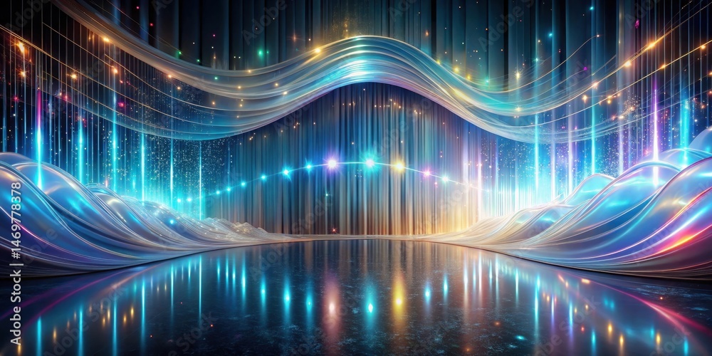 Aufkleber Abstract Futuristic Stage with Luminous Waves and Glowing Lights Reflecting on a Polished Surface