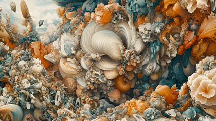 Fototapeta premium Abstract Seashells: An intricate and abstract composition featuring a swirling mass of seashells in muted tones of beige, orange and blue. The texture is rough and inviting.