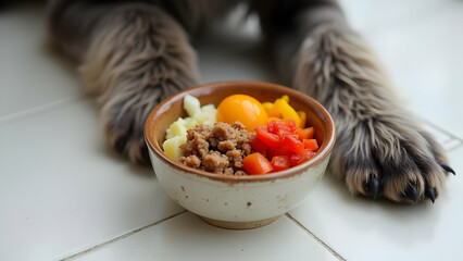 Schnauzer's Distinctive Paws Positioned Eagerly Beside Premium Ceramic Bowl Filled with Colorful BARF Diet on Pure White Floor