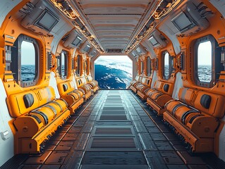 Futuristic spacecraft interior corridor with ocean view.