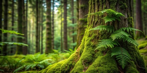 Lush Green Ferns Adorn a Moss-Covered Tree Trunk in a Deep, Tranquil Forest