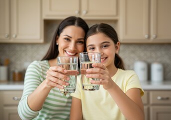 Smiling mother and daughter toasting with glasses of fresh water in a kitchen. Healthy hydration concept showing family values and wellbeing. Pure water for health.