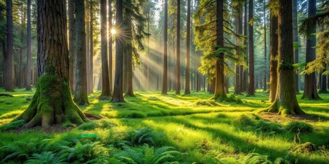 Sunbeams Illuminate a Serene Forest Landscape with Lush Green Undergrowth and Moss-Covered Trees
