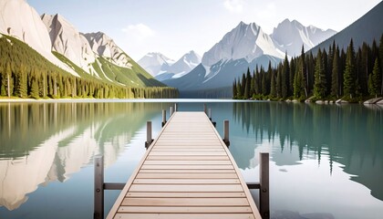 Lake Landscape with Pier and Mountains