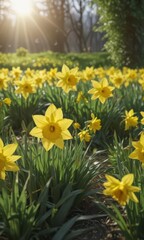 Fototapeta premium Bright yellow daffodils in a verdant field bathed in sunlight , sunshine, flowers