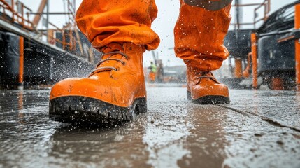 Worker in waterproof gear walks on wet concrete
