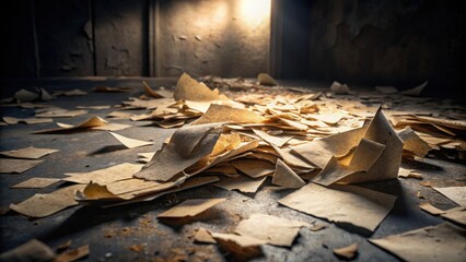 Illuminated Debris A Pile of Aged, Tattered Paper Fragments Scattered Across a Weathered Surface in a Dark, Abandoned Room