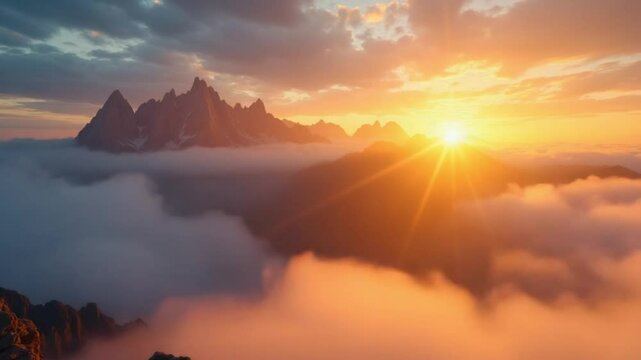 timelapse of a breathtaking sunrise over a mountain horizon, with the first light of day breaking through the clouds. The shot begins in close-up, focusing on the dramatic interplay of light and