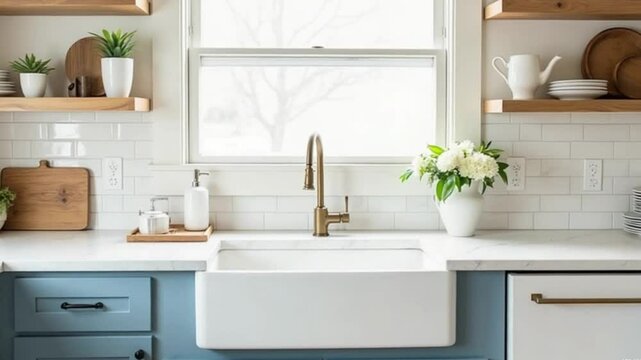 beautiful farmhouse kitchen, modern farmhouse kitchen, blue and white kitchen cabinets, subway tile backsplash, open shelving, white apron front sink, brass faucet, kitchen decor, floral accents,