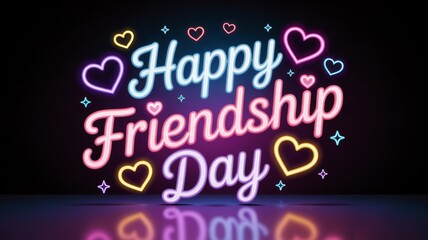 Neon-Lit 'Happy Friendship Day' Sign with Glowing Text and Heart Icons Generative AI