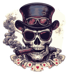 Skull With Top Hat Sunglasses And Cigar Surrounded By Playing Cards Illustration