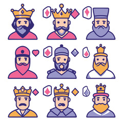Cartoon King Characters Collection Various Styles With Crowns And Playing Card Suit Symbols
