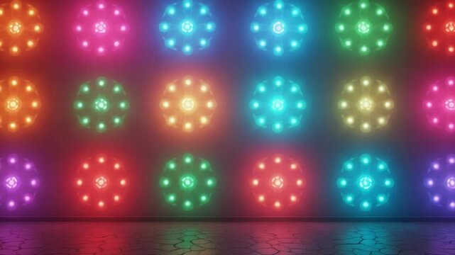 Looping background of a colorful retro disco light wall &mdash; a grid of circular LED lights pulsing in vibrant hues of red, blue, green, yellow, and purple. Lights flash rhythmically in sync