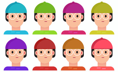 Set of cute cartoon faces wearing colorful hats with various expressions. Flat style design. Emotions include happy, sad, angry, surprised, and calm. Great for emoji or app assets