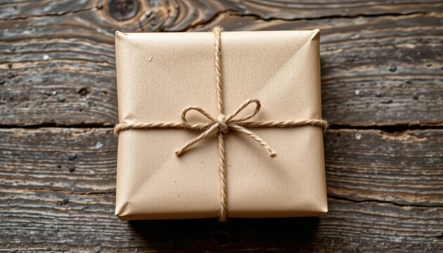 a simple brown paper package, its surface adorned with a rustic string tied securely around the middle, rests on a rough wooden table, its texture adding warmth and simplicity to the scene.