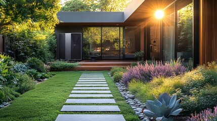 Obraz premium Backyard with flat stone path, a discrete modern heat pump unit, and soft sunlight enhancing the minimalist setting