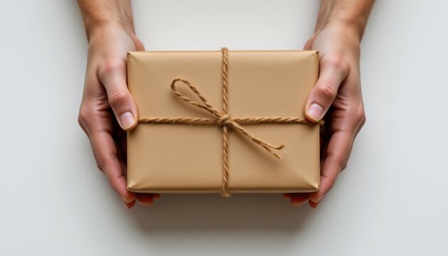 a brown parcel, adorned with a rustic twine bow, rests on a pristine white backdrop