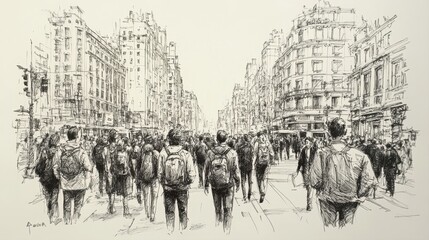 Obraz premium Busy Urban Street Scene with Pedestrians and Architectural Details in a Vibrant City Landscape