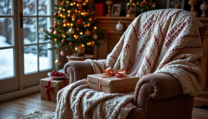 a warm, fuzzy blanket draped over a cozy armchair, as the recipient eagerly unwrapped a wrapped gift package, anticipation building like a crackling fire on a cold winter night.