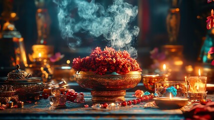 Incense offering with vibrant red flowers.