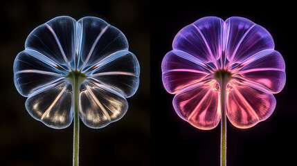 Illuminated Floral Beauty: A captivating artistic display showcases two luminous floral forms, one bathed in cool blue light, the other in vibrant violet hues, against a deep black background.