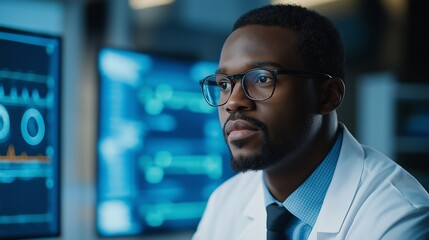 Healthcare Technology Scientist in Modern Lab with Smart Glasses Analyzing Data